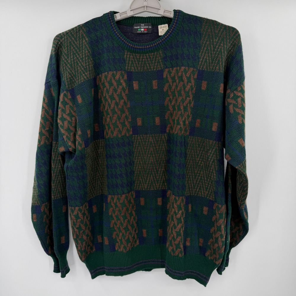 The Italian Sweater Co Men XL Green Wool Blend Geometric Patchwork Sweater Italy